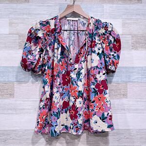 KARLIE Linen Floral V Neck Ruffle Top Pink Half Sleeve Casual Womens Medium